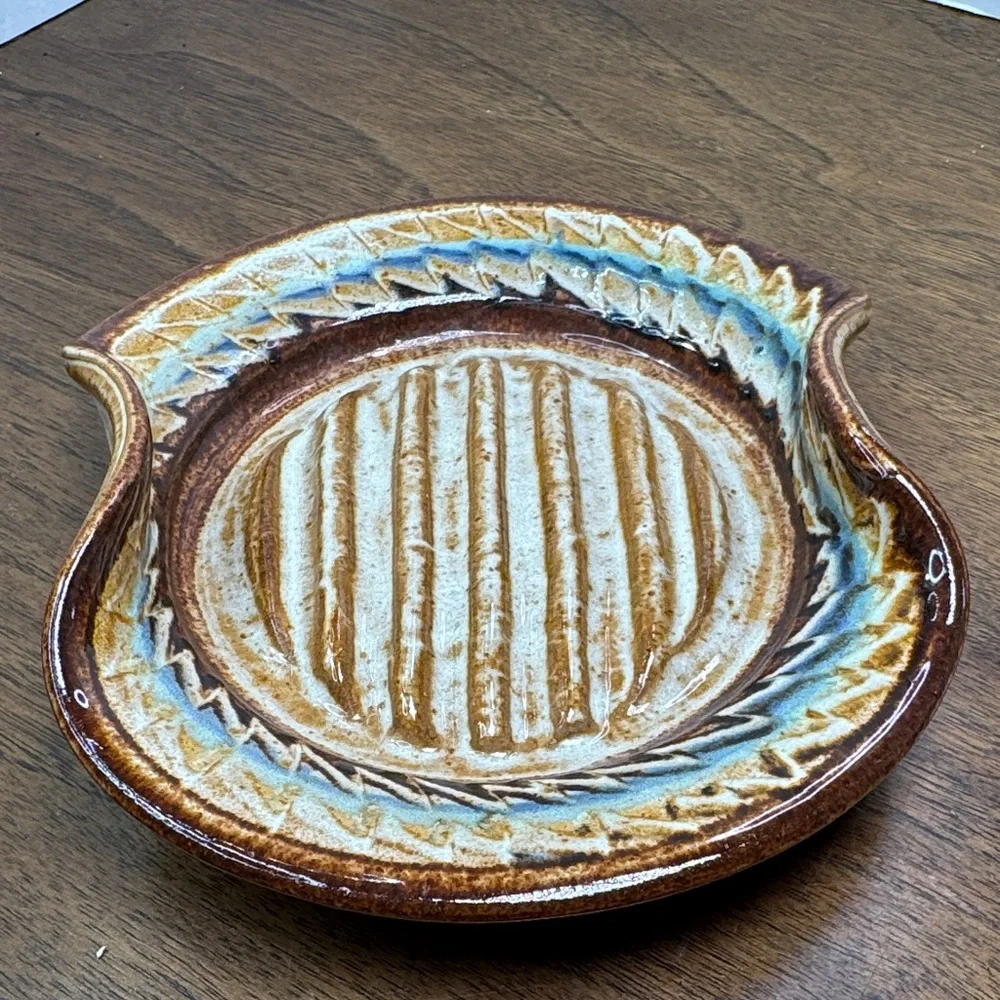 Handmade Thrown Etched Pottery Bath Bar Soap Dish & Cup Set, Glazed Brown Blue